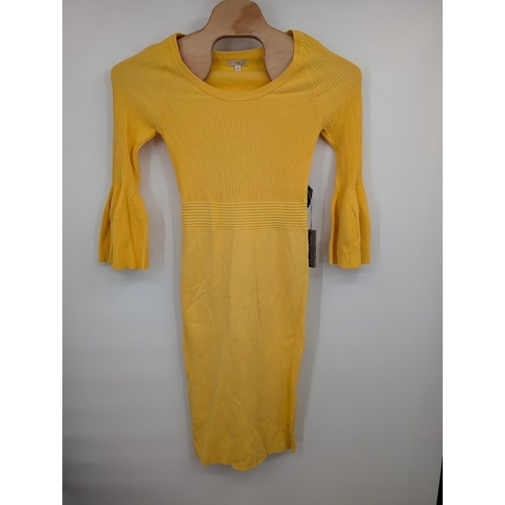 Eva Mendes New York & Company Yellow Ribbed Knit Bell Sleeve Midi Dress NWT sz M